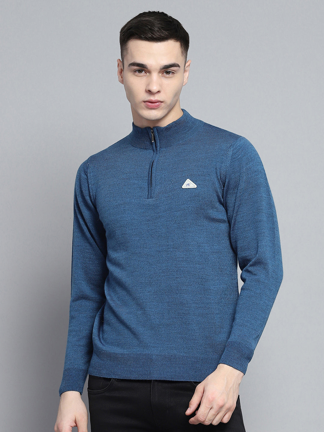 Men Blue Solid Mock Neck Full Sleeve Pullover