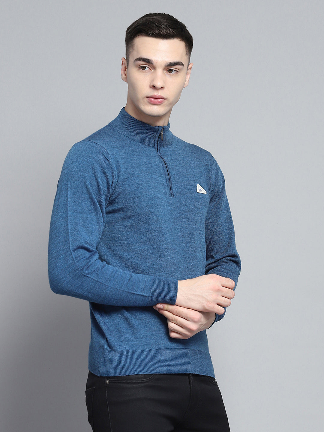 Men Blue Solid Mock Neck Full Sleeve Pullover