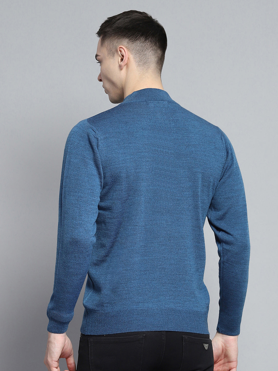 Men Blue Solid Mock Neck Full Sleeve Pullover