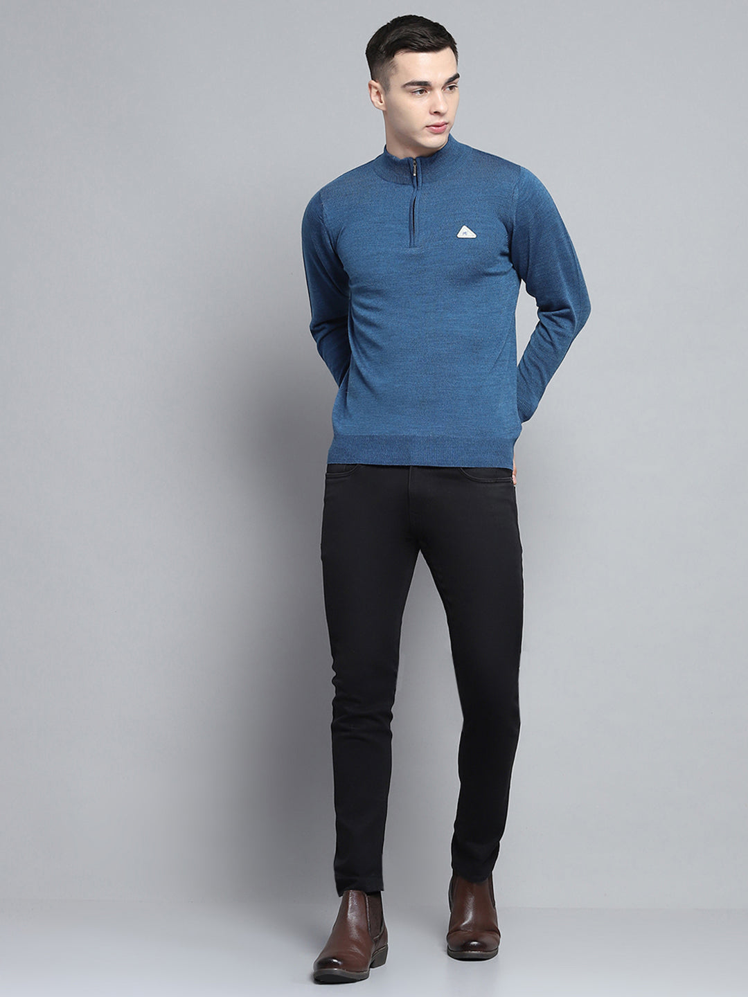 Men Blue Solid Mock Neck Full Sleeve Pullover