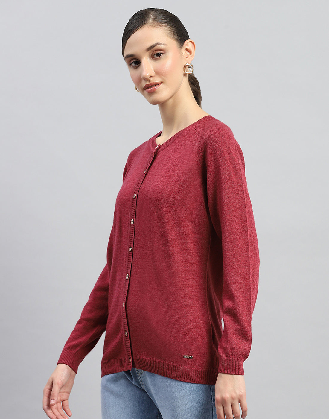 Women Maroon Solid Round Neck Full Sleeve Cardigan