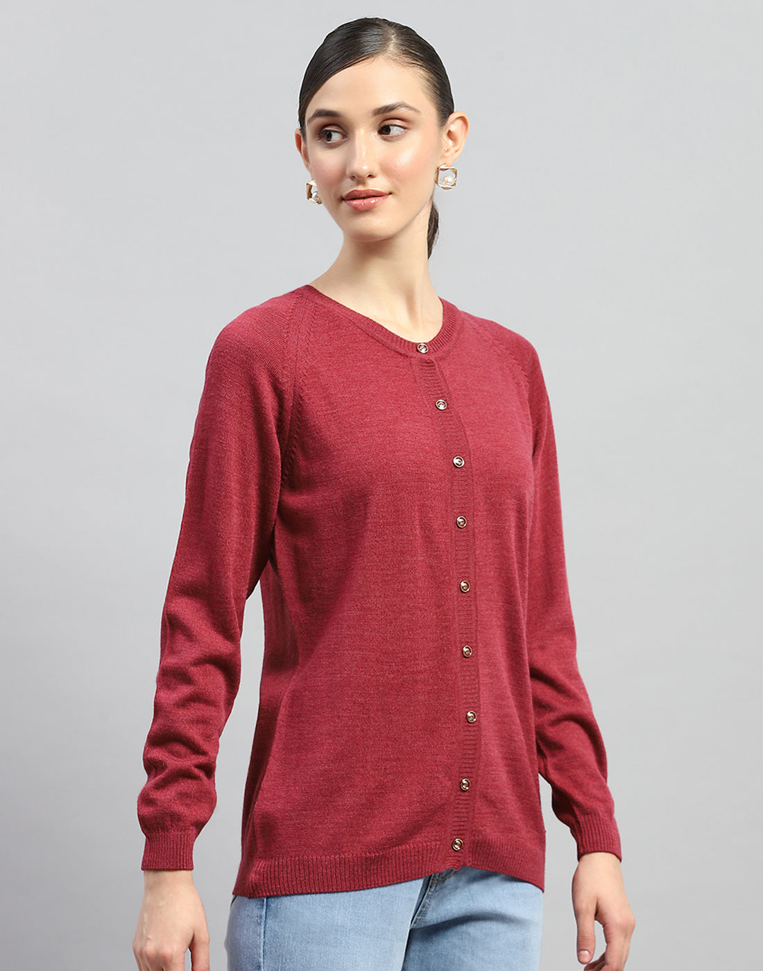 Women Maroon Solid Round Neck Full Sleeve Cardigan