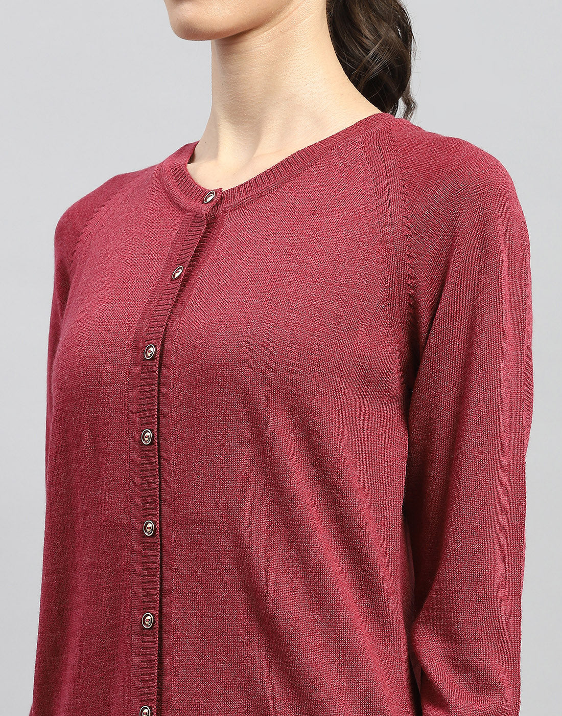 Women Maroon Solid Round Neck Full Sleeve Cardigan