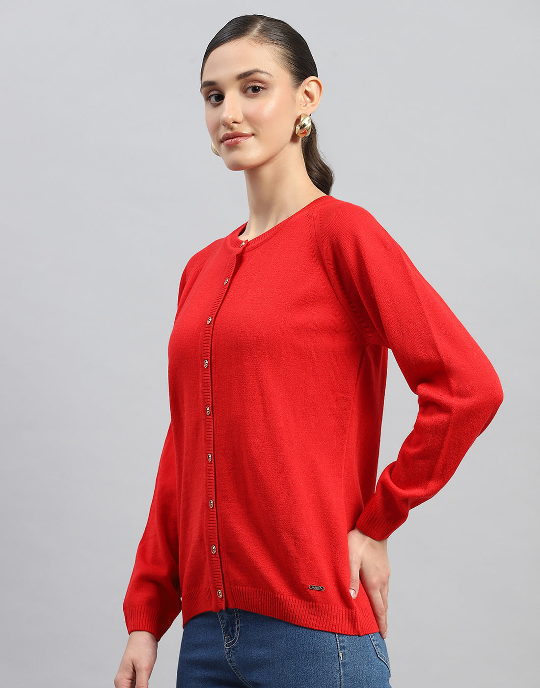 Women Red Solid Round Neck Full Sleeve Cardigan