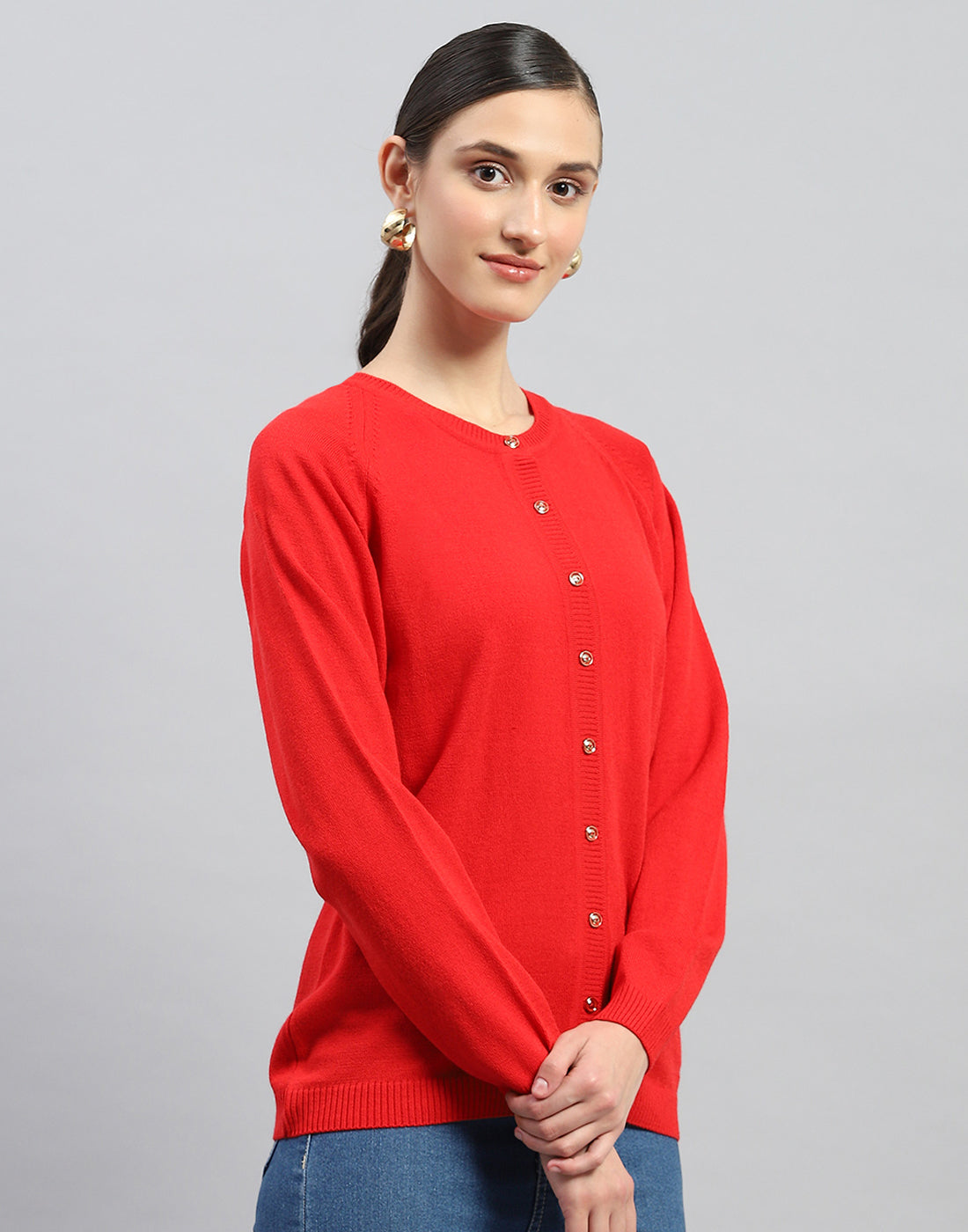 Women Red Solid Round Neck Full Sleeve Cardigan