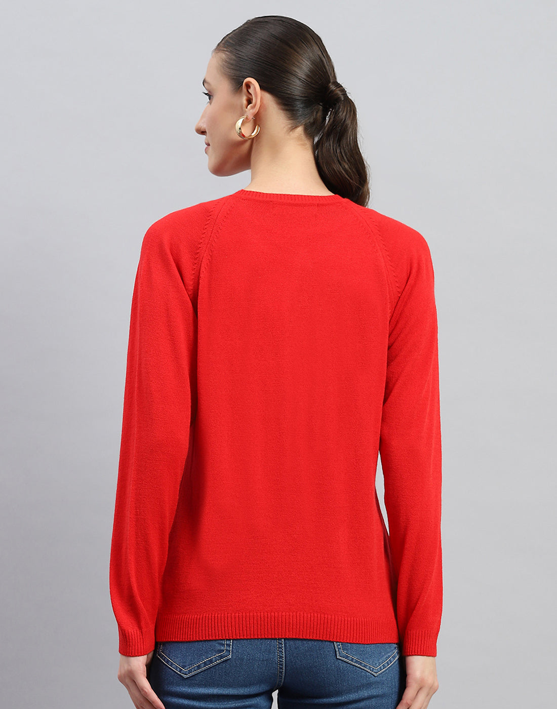 Women Red Solid Round Neck Full Sleeve Cardigan