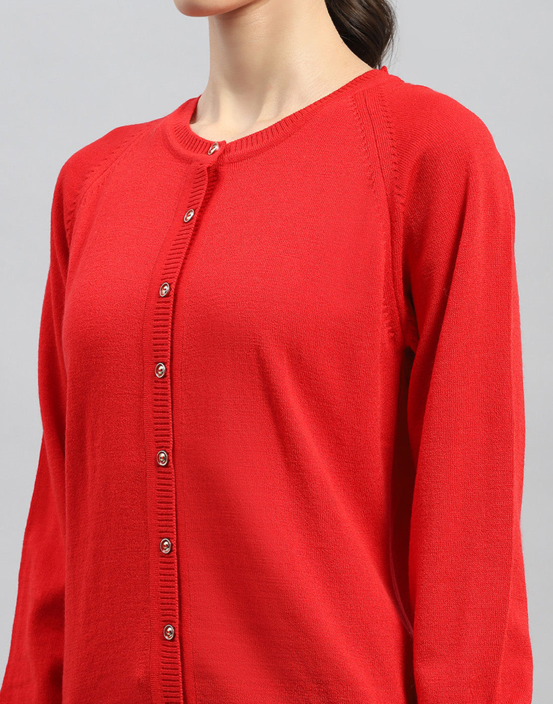 Women Red Solid Round Neck Full Sleeve Cardigan