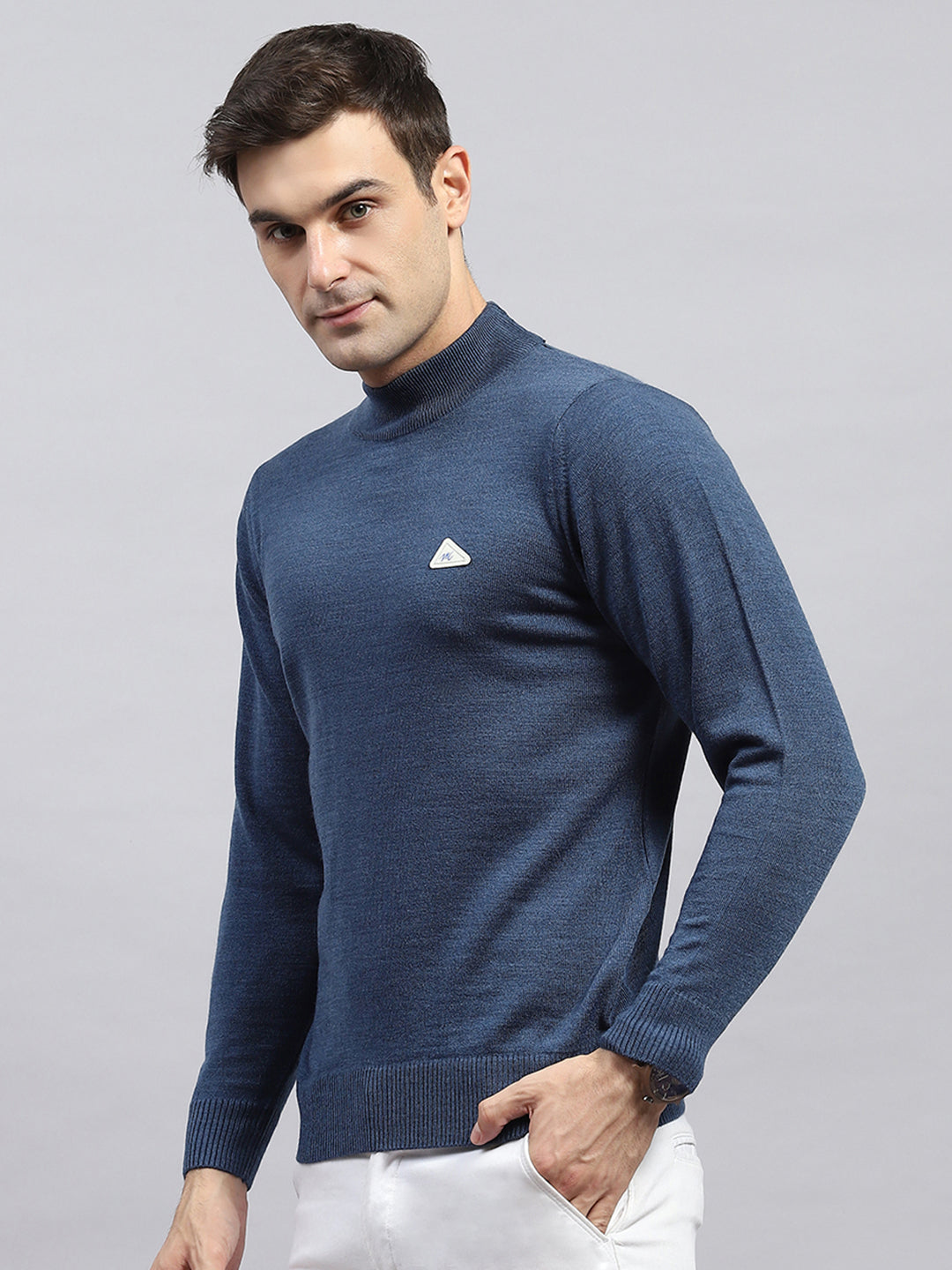 Men Blue Solid High Neck Full Sleeve Pullover