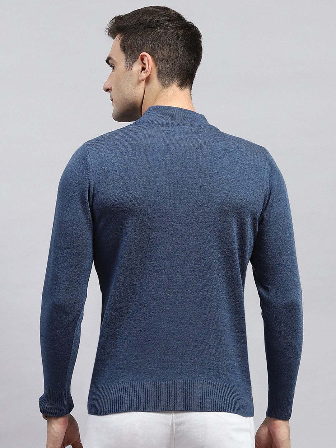 Men Blue Solid High Neck Full Sleeve Pullover