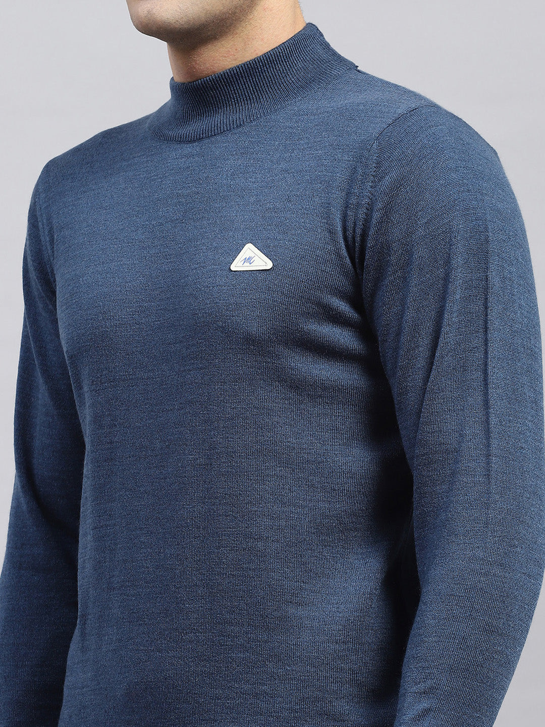 Men Blue Solid High Neck Full Sleeve Pullover