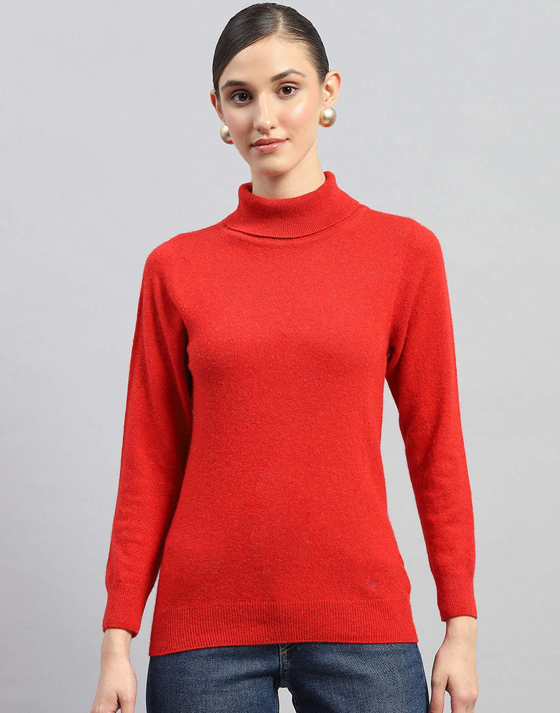 Women Red Solid Turtle Neck Full Sleeve Winter Top