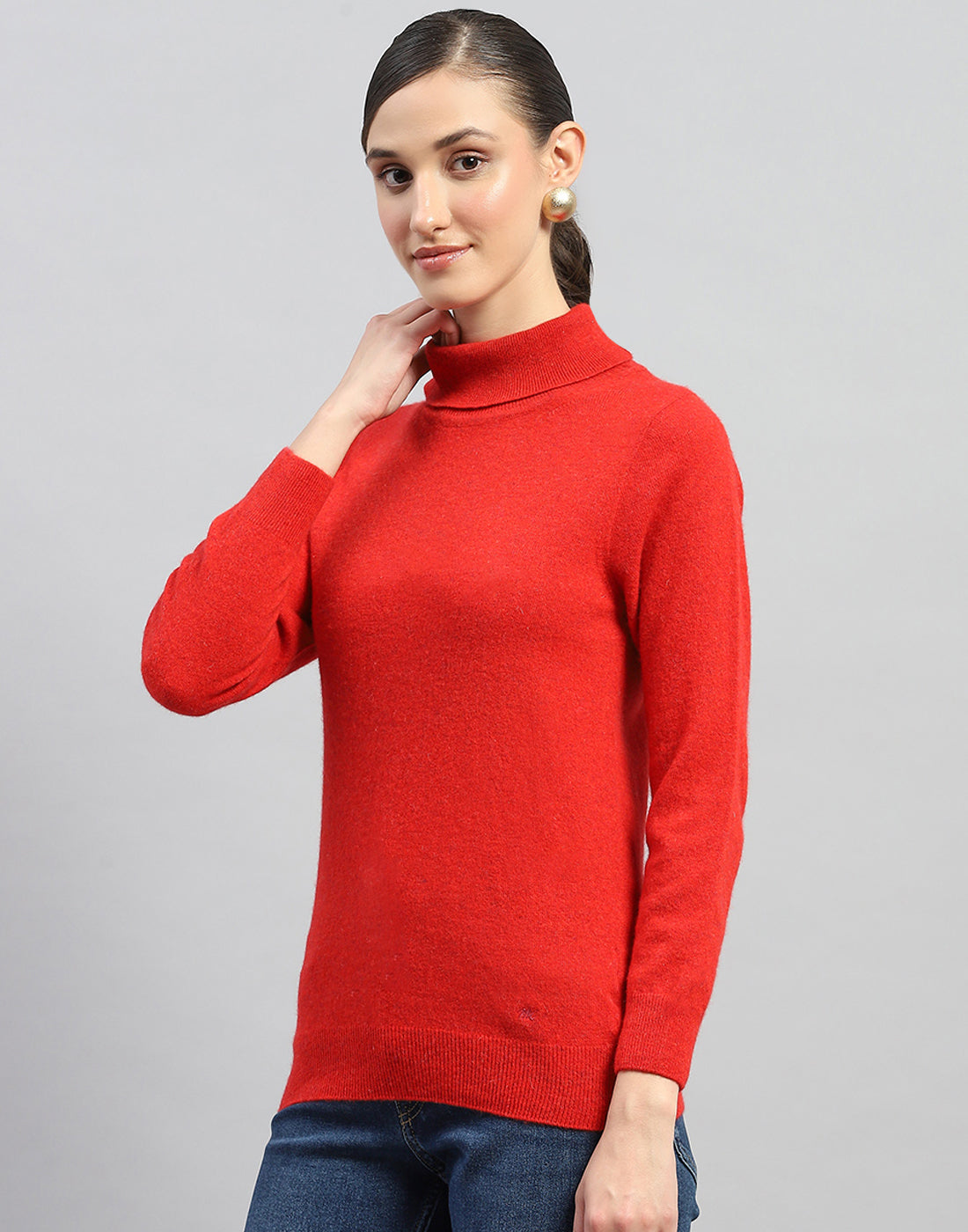 Women Red Solid Turtle Neck Full Sleeve Winter Top