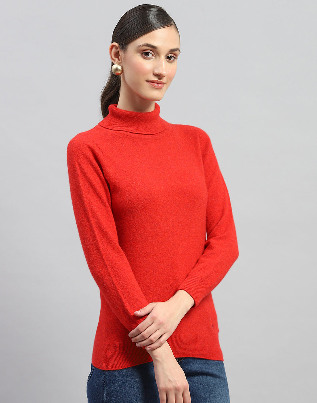 Women Red Solid Turtle Neck Full Sleeve Winter Top