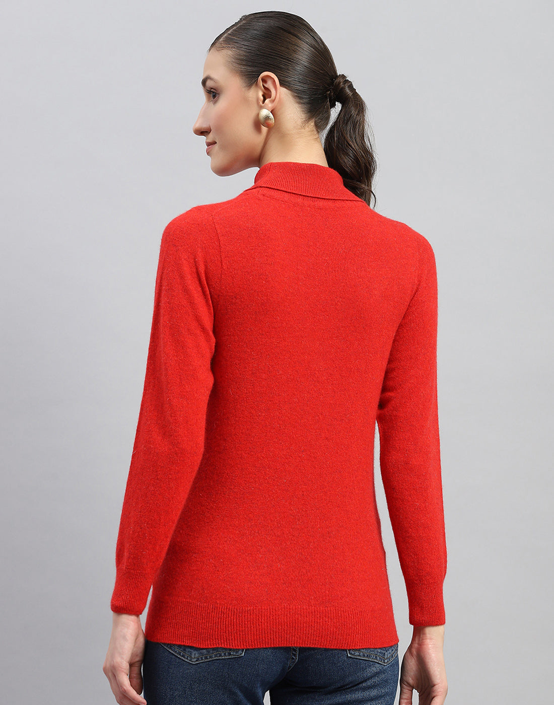 Women Red Solid Turtle Neck Full Sleeve Winter Top