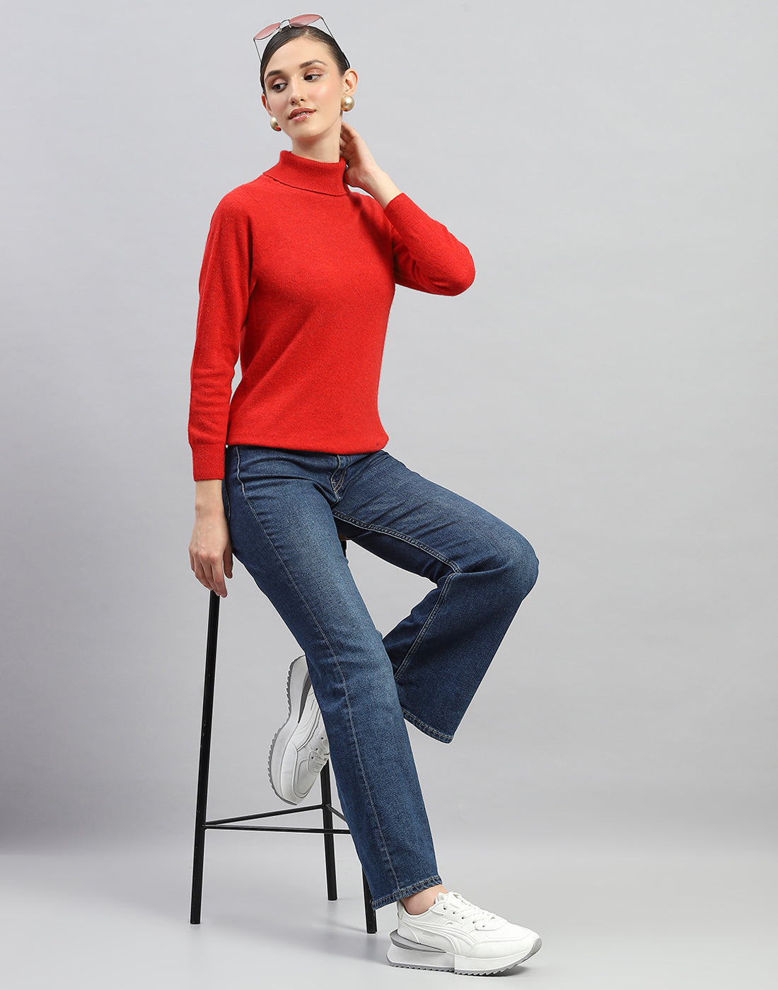 Women Red Solid Turtle Neck Full Sleeve Winter Top