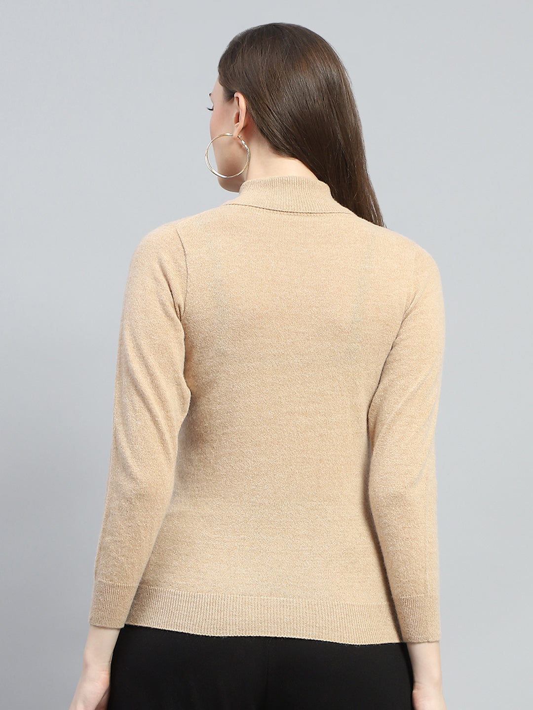 Women Beige Solid High Neck Full Sleeve Winter Tops