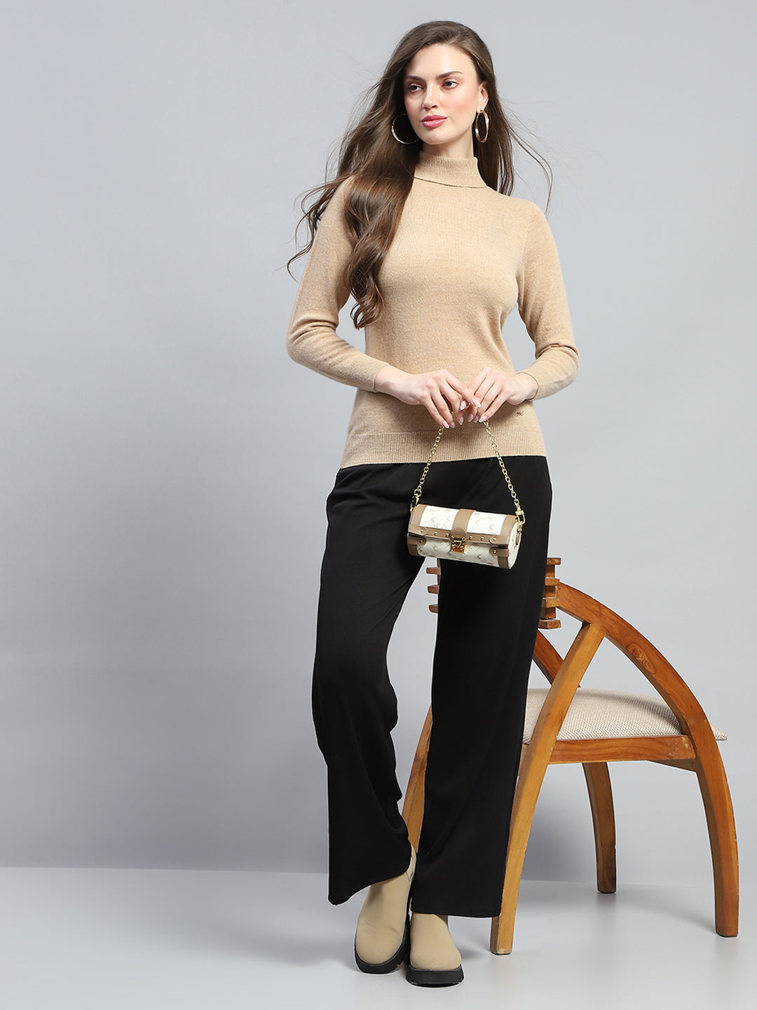 Women Beige Solid High Neck Full Sleeve Winter Tops