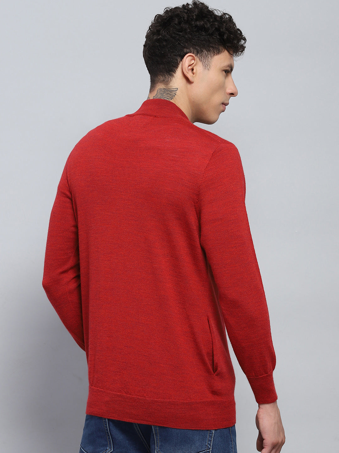 Men Maroon Solid Mock Neck Full Sleeve Pullover