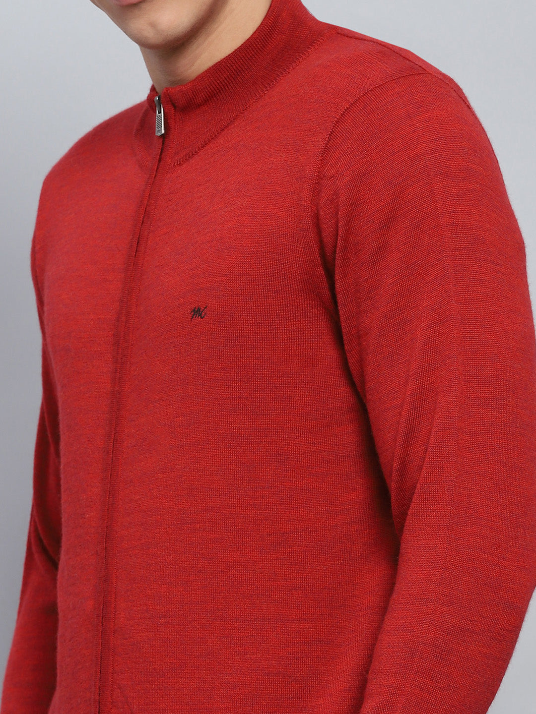 Men Maroon Solid Mock Neck Full Sleeve Pullover