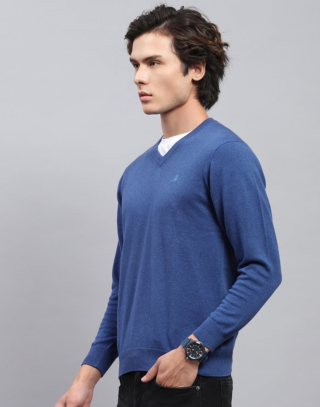 Men Blue Solid V Neck Full Sleeve Pullover