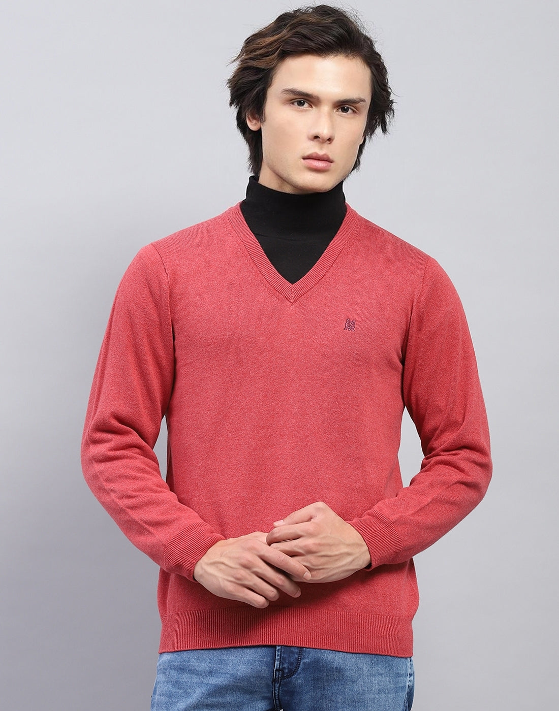 Men Pink Solid V Neck Full Sleeve Pullover