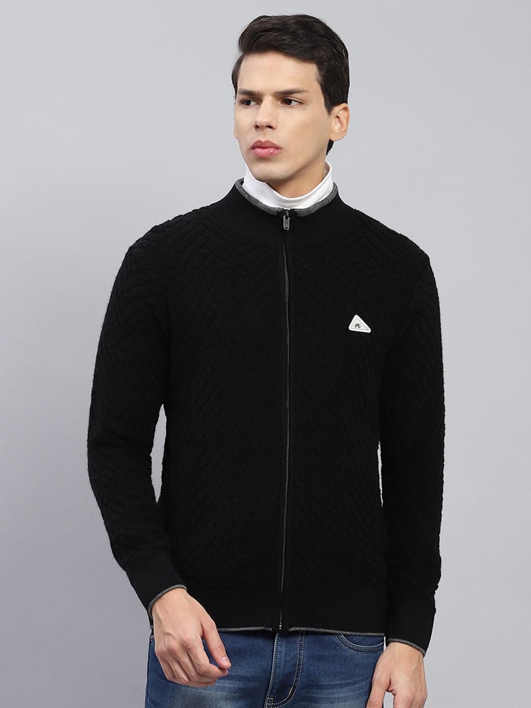 Men Black Self Design Mock Neck Full Sleeve Pullover