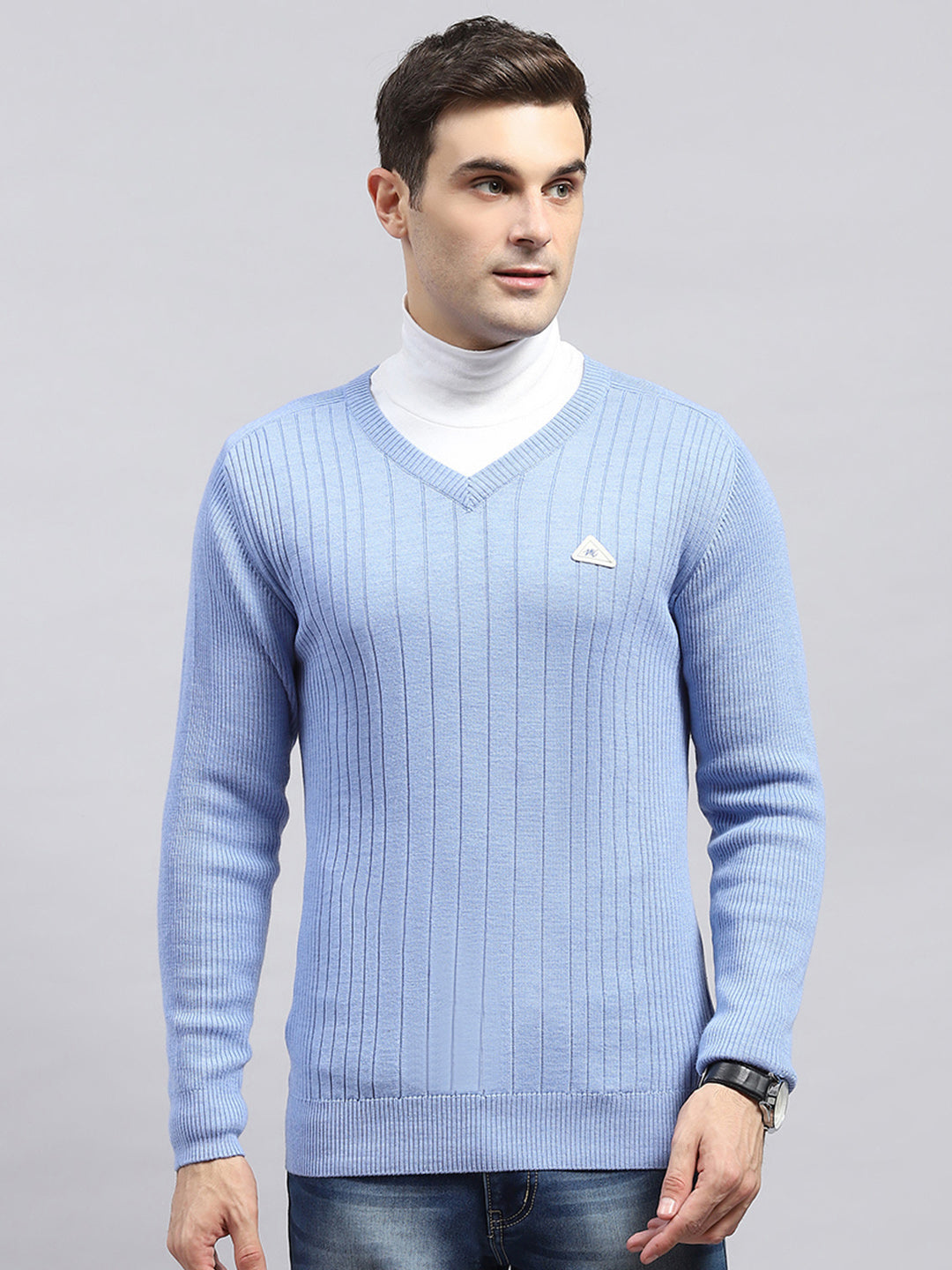 Men Sky Blue Solid V Neck Full Sleeve Pullover