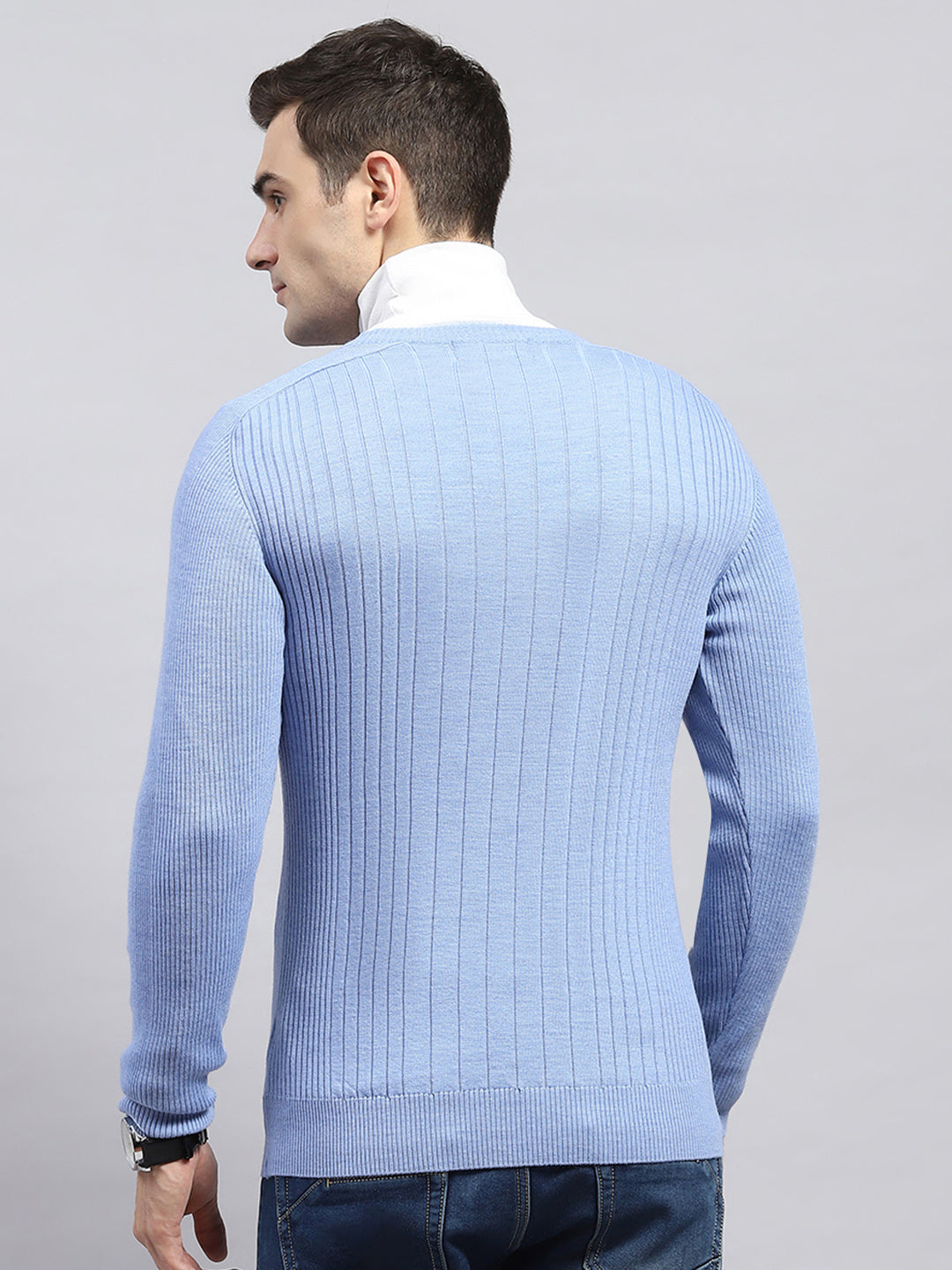 Men Sky Blue Solid V Neck Full Sleeve Pullover