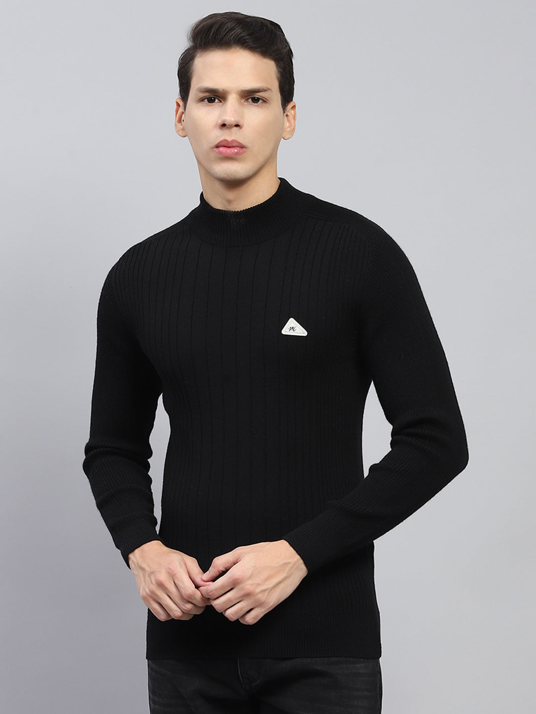 Men Black Solid High Neck Full Sleeve Pullover