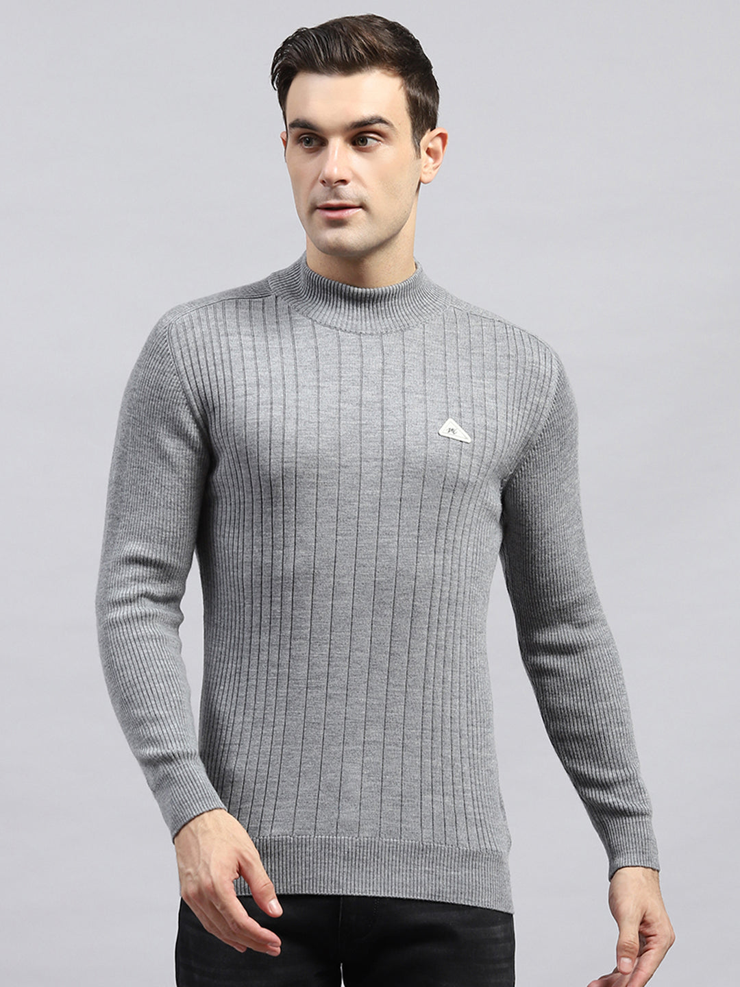 Men Grey Solid High Neck Full Sleeve Pullover