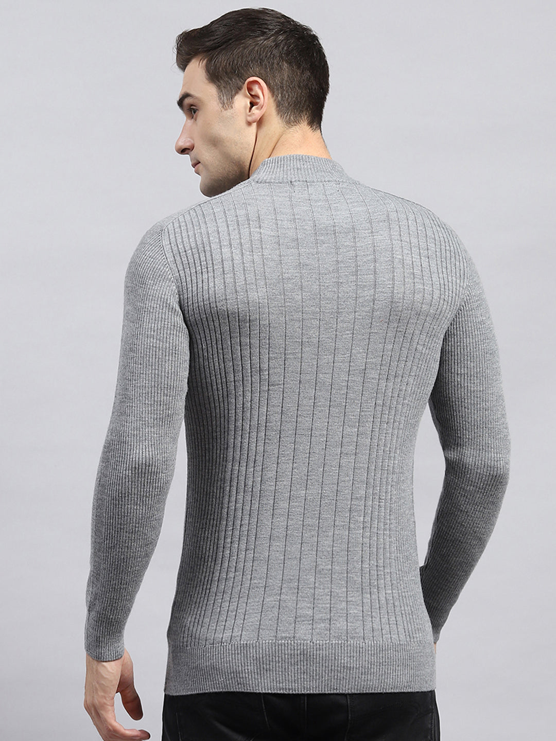 Men Grey Solid High Neck Full Sleeve Pullover