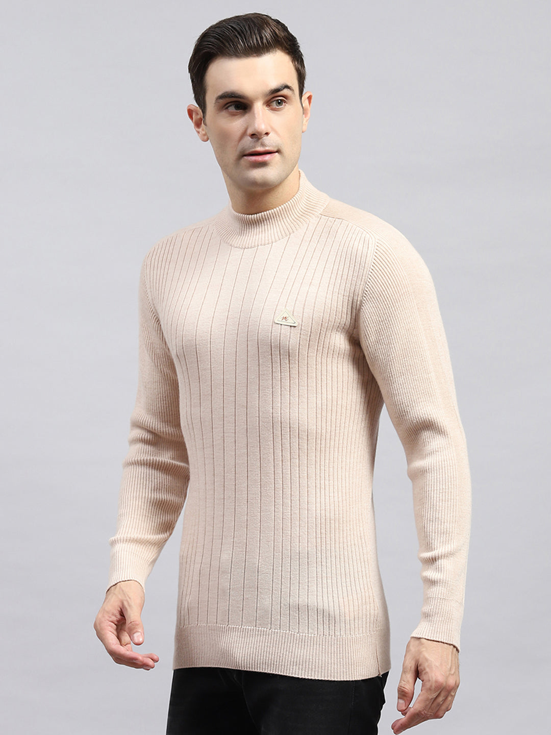 Men Beige Solid High Neck Full Sleeve Pullover