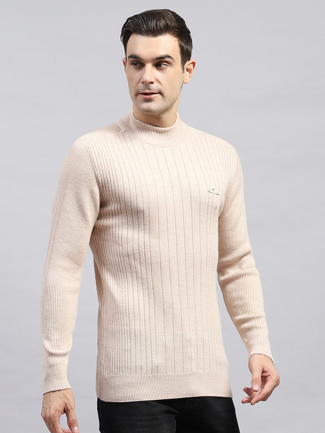 Men Beige Solid High Neck Full Sleeve Pullover