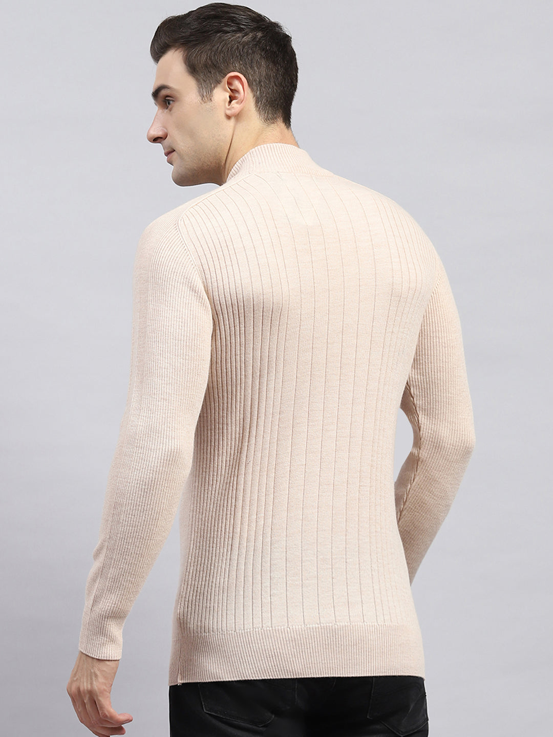 Men Beige Solid High Neck Full Sleeve Pullover