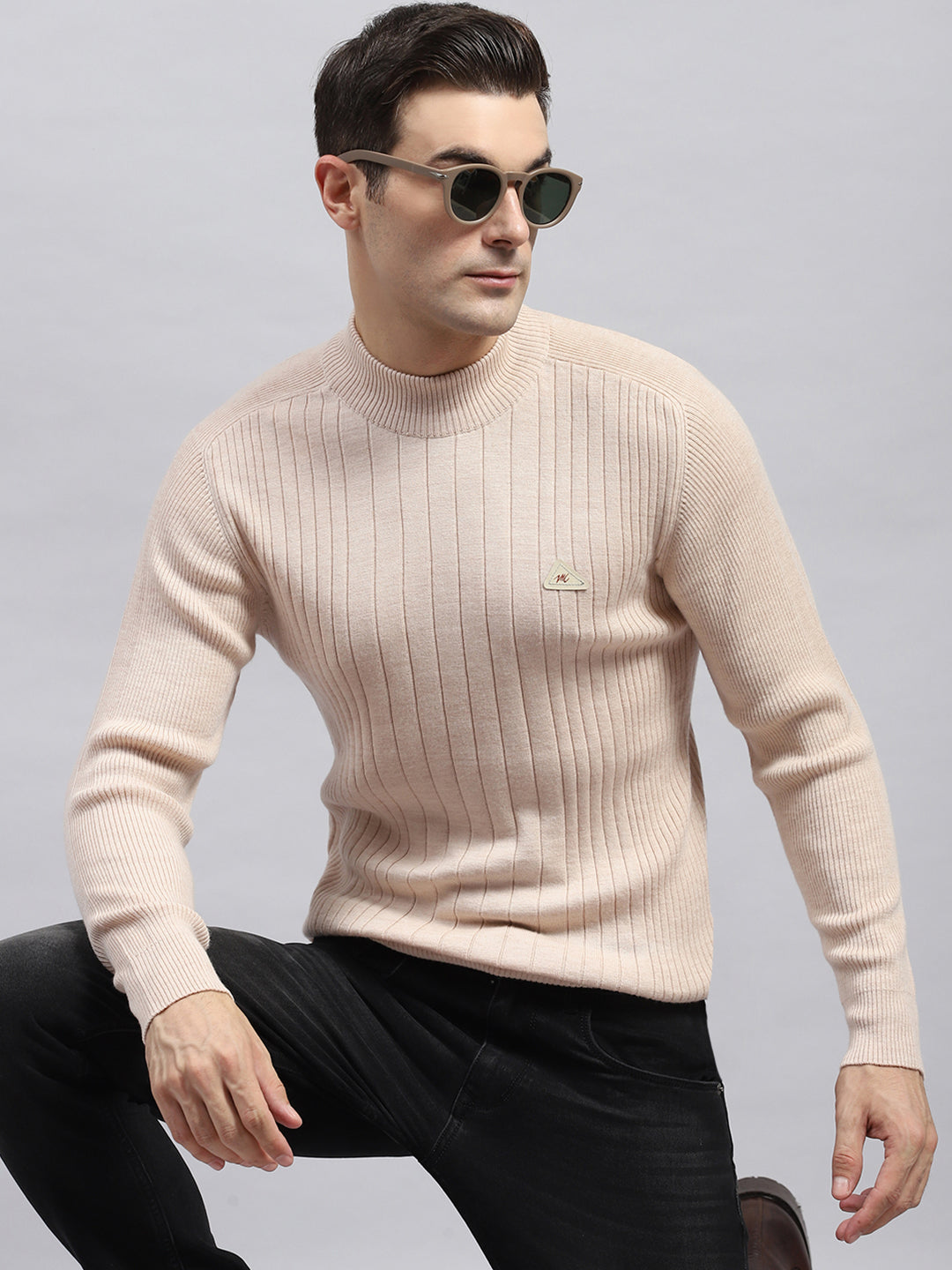 Men Beige Solid High Neck Full Sleeve Pullover