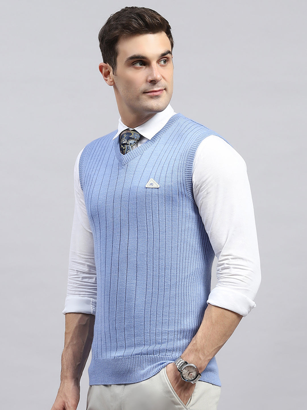 Men Sky Blue Solid V Neck Sleeveless Sweater