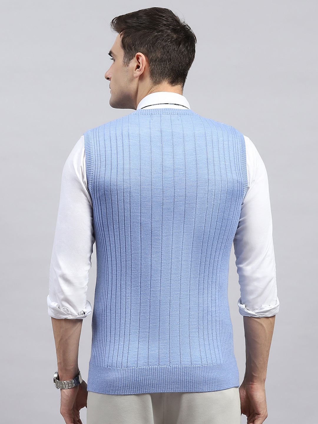 Men Sky Blue Solid V Neck Sleeveless Sweater