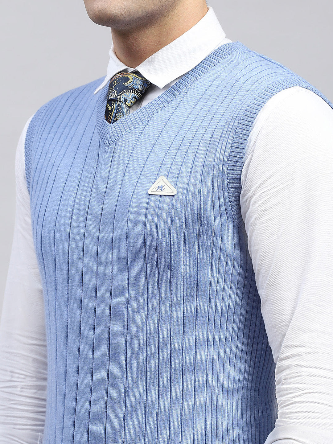 Men Sky Blue Solid V Neck Sleeveless Sweater