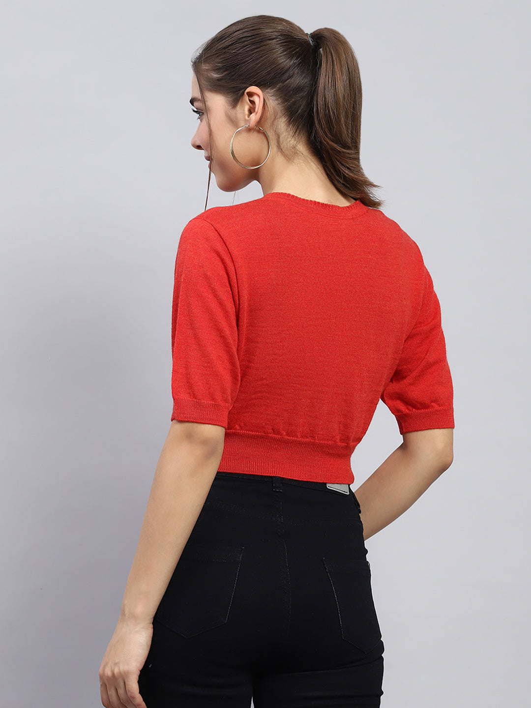 Women Red Solid V Neck Half Sleeve Blouse