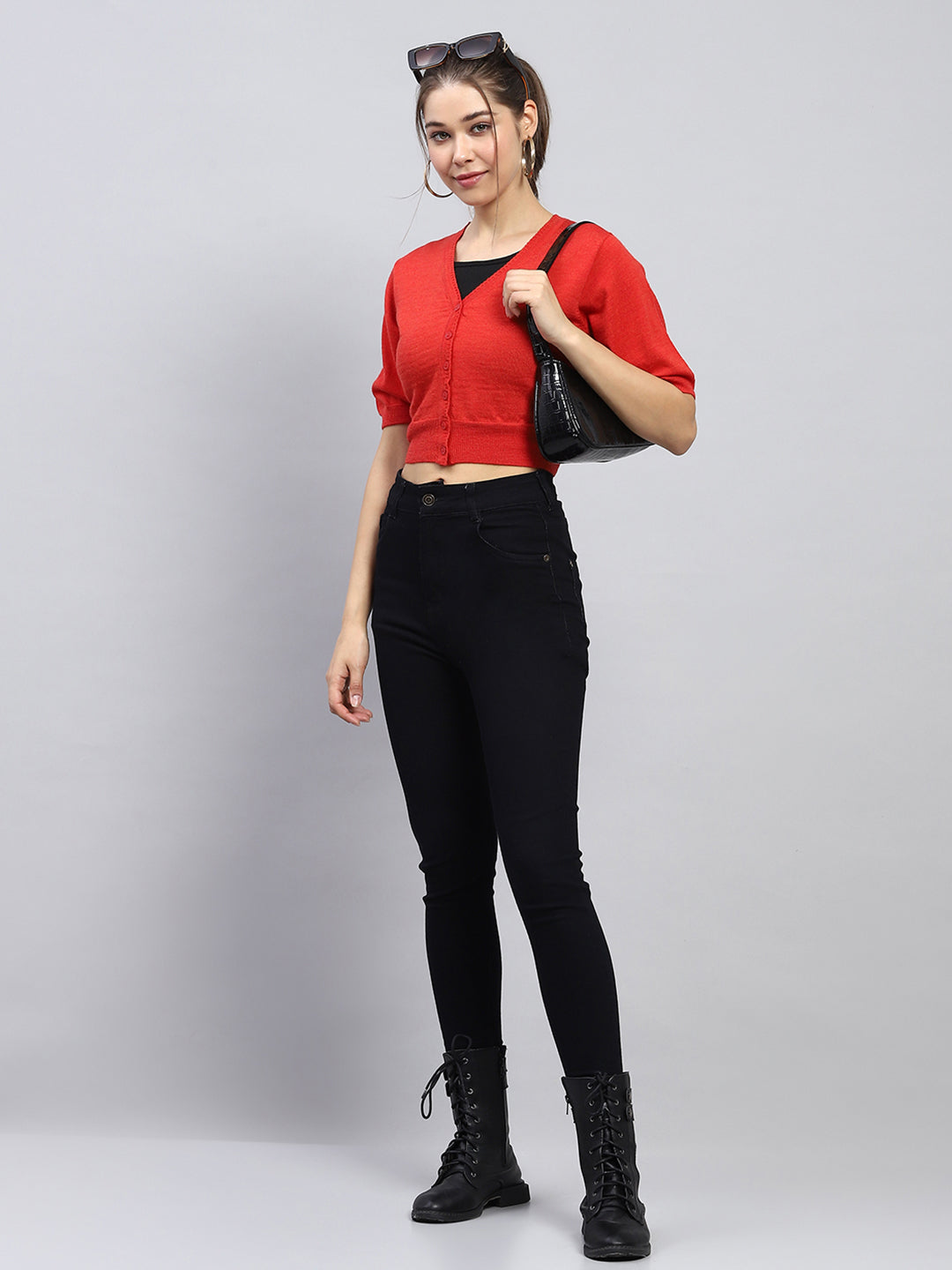 Women Red Solid V Neck Half Sleeve Blouse