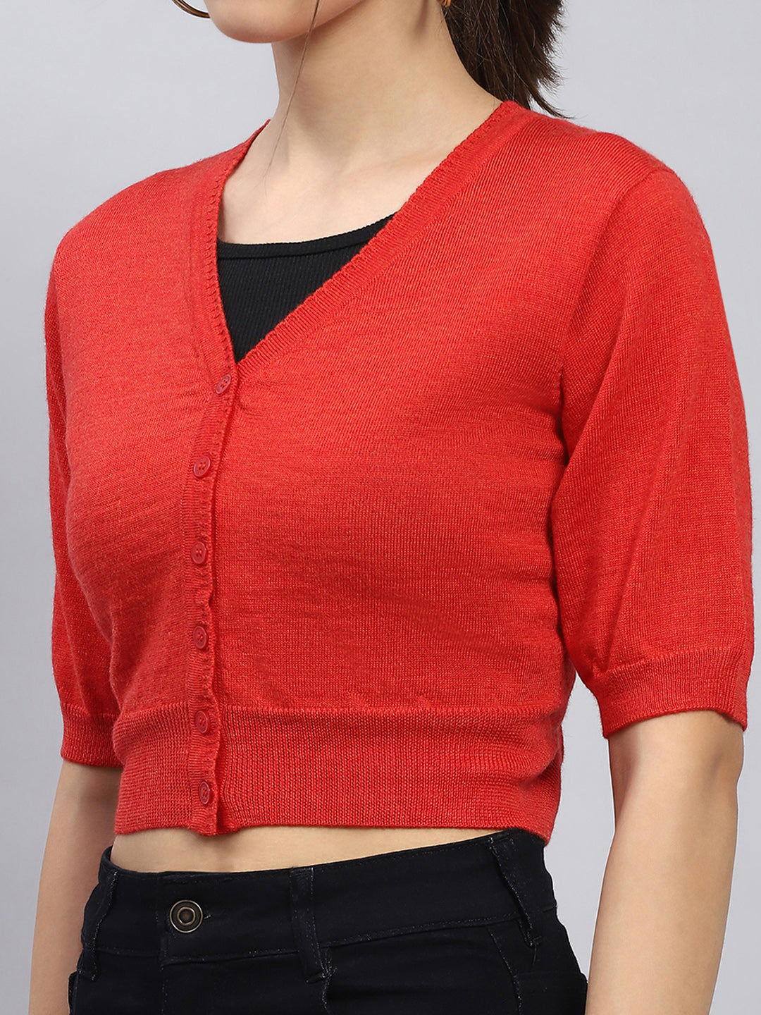 Women Red Solid V Neck Half Sleeve Blouse