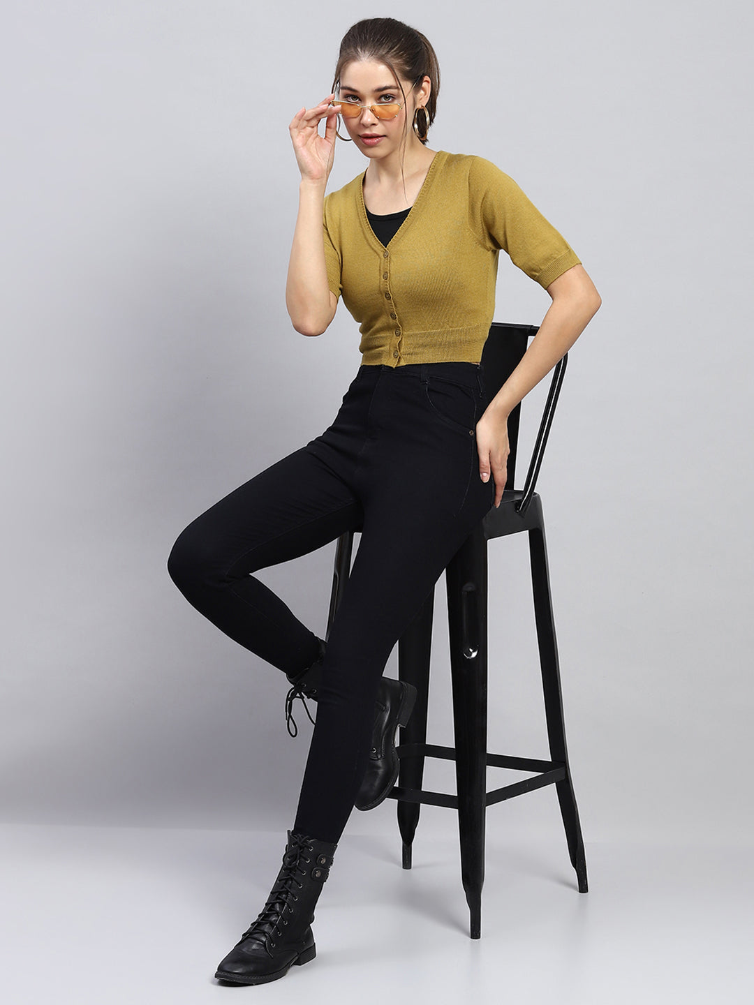 Women Khaki Solid V Neck Half Sleeve Blouse