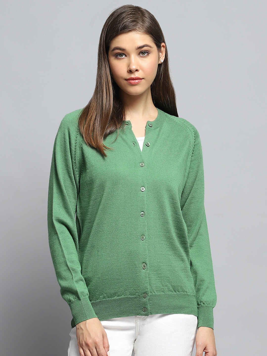 Women Green Solid Round Neck Full Sleeve Cardigan