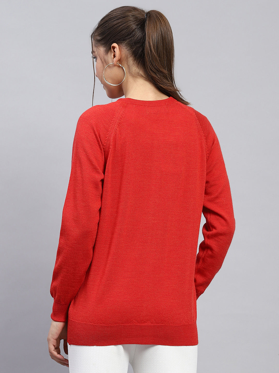 Women Red Solid Round Neck Full Sleeve Cardigan