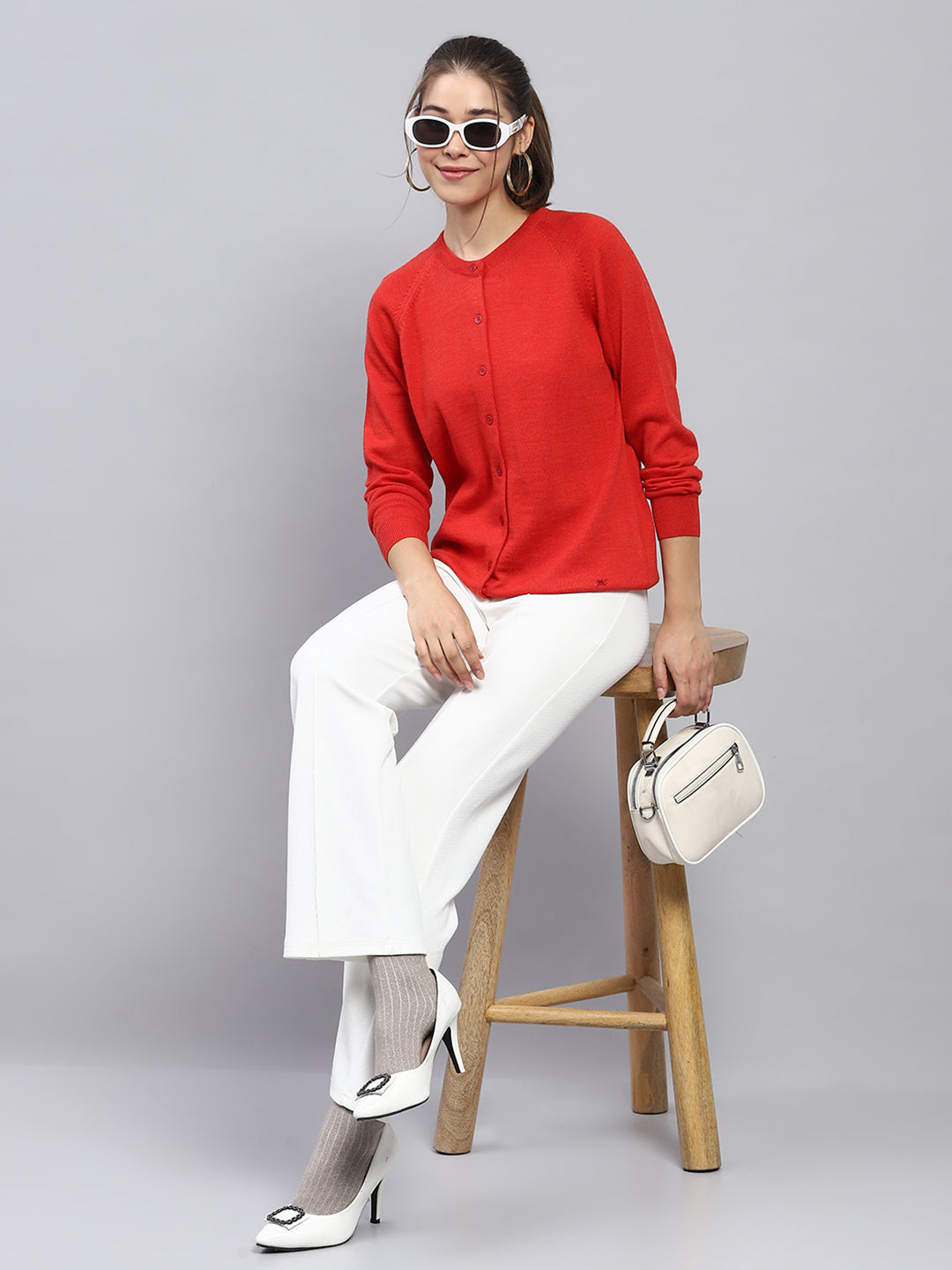 Women Red Solid Round Neck Full Sleeve Cardigan