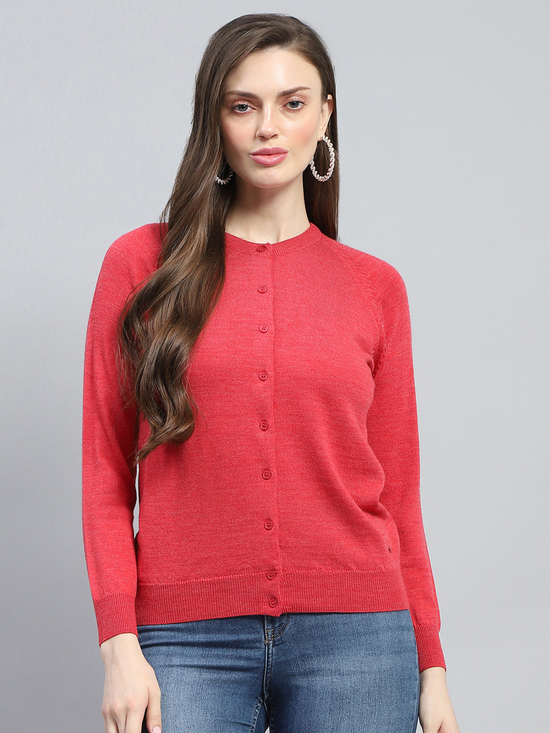 Women Red Solid Round Neck Full Sleeve Cardigan