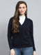 Women Navy Blue Solid V Neck Full Sleeve Cardigan