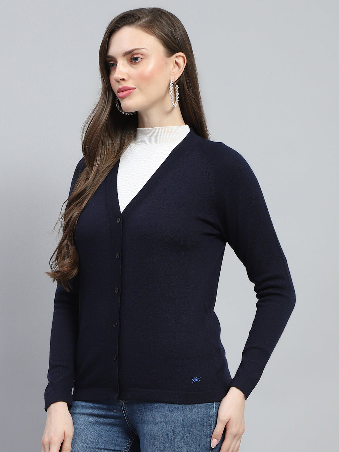 Women Navy Blue Solid V Neck Full Sleeve Cardigan