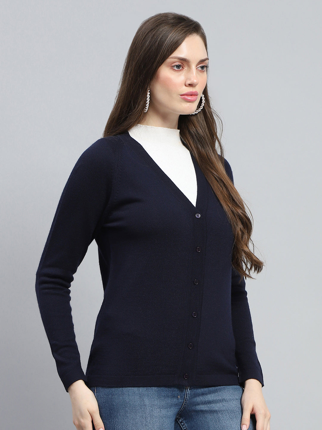 Women Navy Blue Solid V Neck Full Sleeve Cardigan