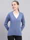 Women Blue Solid V Neck Full Sleeve Cardigan